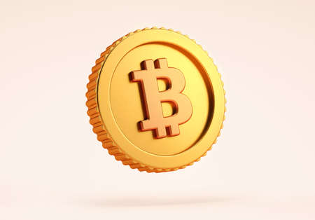 Isolated bitcoin BTC simple golden coin on neutral background in realistic 3D rendering....
