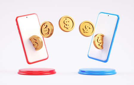 Money transfer between mobile phones, wireless sending and receiving dollar coins. Smartphone online...