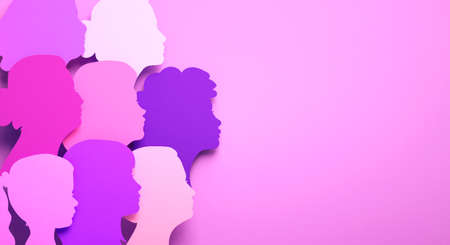 International Women's Day poster with silhouettes of multicultural women's faces in paper cut style...