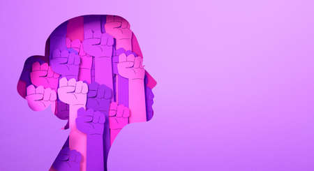 Women's Day poster with woman silhouette and fists inside in paper cut and copy space, 3D illustration. Girl face poster for feminism, independence, freedom, empowerment, activism for women rightsの写真素材