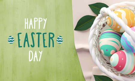 Happy Easter Day greeting card design, basket and painted eggs on a wooden green table. Modern, minimal, flat lay style. Horizontal poster, banner or header for website in 3D illustrationの写真素材