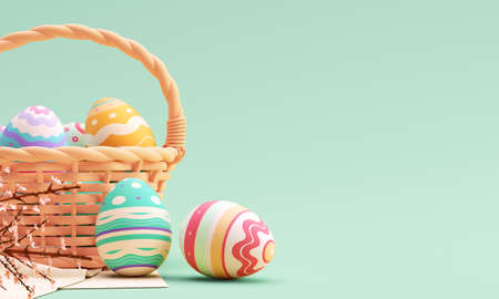Happy Easter banner template with painted eggs in pastel colors and a basket on green background and copy space. Minimal style. Horizontal poster, greeting card or header for website. 3d illustrationの写真素材
