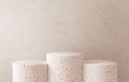 Three terrazzo podium platforms on a stone textured wall background for stuff display in realistic 3D renderの写真素材