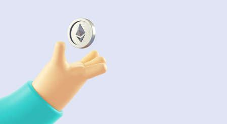Isolated cartoon hand with ethereum coin and copy space for a banner background template in 3D...