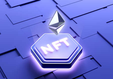 NFT Non Fungible Token and Ethereum blockchain technology background in 3D rendering. Trendy cryptocurrencies, metaverse and cryptoart conceptの写真素材