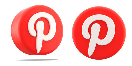 Valencia, Spain - November, 2022: Pinterest isolated  red icon on white background, cut out symbol in 3D rendering. Pinterest web and app for photo sharing and collectionsのeditorial素材