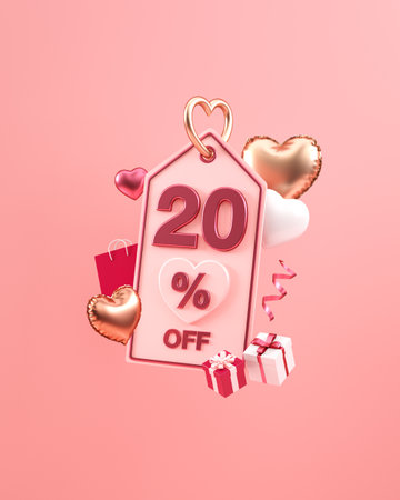 Valentines Day vertical offer social media post with 20 percent discount, hearts and gifts in 3D illustrationの写真素材