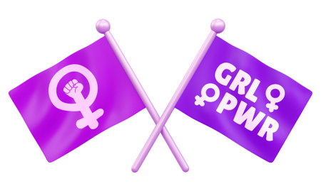 Two isolated feminist flags on white background for international women's day and feminist activism in 3D illustration. March 8 for independence, empowerment, and activism for women's rightsの写真素材
