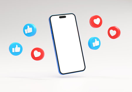 Valencia, Spain - March, 2023: Isolated mobile phone mockup blank screen with Facebook like buttons in 3D rendering. social media post template conceptのeditorial素材