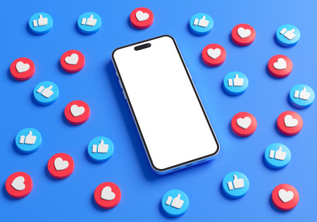 Valencia, Spain - March, 2023: iPhone mockup blank screen surrounded by Facebook like buttons on a blue background in 3D rendering. social media post template conceptのeditorial素材