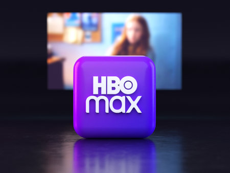 Valencia, Spain - March, 2023: HBO Max app in front of a TV screen, icon in 3D illustration. HBO Max is a global provider of streaming movies and TV seriesのeditorial素材