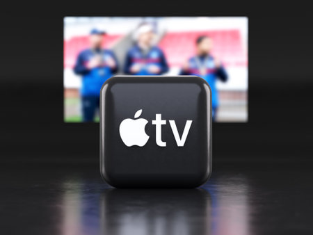 Valencia, Spain - March, 2023: Apple TV app in front of a TV screen, icon in 3D illustration. Apple TV is a global provider of streaming movies and TV seriesのeditorial素材
