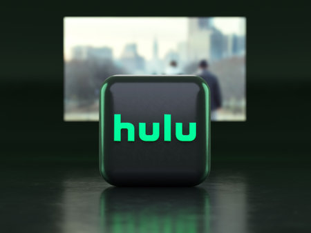 Valencia, Spain - March, 2023: Hulu app in front of a TV screen, icon in 3D illustration. Hulu is a provider of streaming movies and TV seriesのeditorial素材