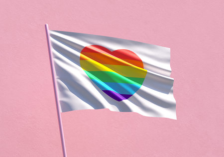 Pride rainbow heart flag waving on a pink wall background for LGBTQIA+ Pride month, sexuality freedom, love diversity celebration and the fight for human rights in 3D illustrationの写真素材
