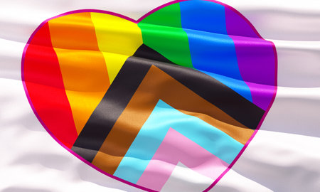 Progress Pride rainbow heart flag closeup view background for LGBTQIA+ Pride month, sexuality freedom, love diversity celebration and the fight for human rights in 3D illustrationの写真素材