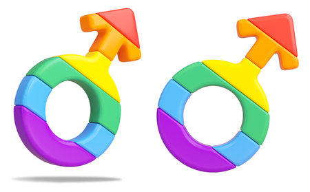 Isolated rainbow male symbol on a white background for LGBTQIA+ Pride month celebration. Cut out object in 3D illustrationの写真素材