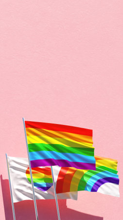 LGBT Pride Day vertical social media story post background with rainbow three flags on a pink wall for LGBTQIA+ love celebration in 3D illustrationの写真素材