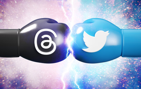 Valencia, Spain - July, 2023: Threads VS Twitter app icons face to face in 3D illustration. Threads is a new social media app by Instagram and Meta for microblogging as a rival of Twitterのeditorial素材