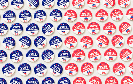 Pattern of Democrat and Republican vote buttons arranged on a surface, showing the symbols and...