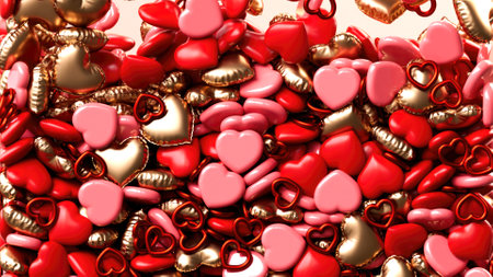 A vibrant pile of red, pink, and gold hearts symbolizing love and romance, perfect for Valentine's Day themes in 3D illustrationの写真素材