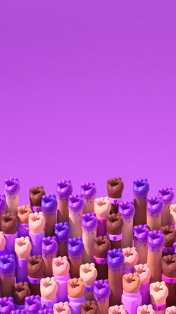 Multi ethnic raised fists of women for International Womens Day social media post and feminist activism in 3D illustration. March 8 for independence, empowerment, and movement for women rightsの写真素材
