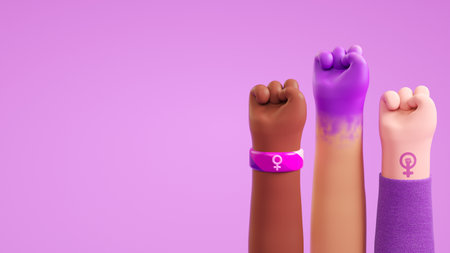 Womens Day flyer template with three diverse raised fists on a purple background symbolizing women's empowerment, feminism and gender equality in 3D illustrationの写真素材