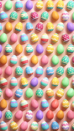 Colorful decorated easter eggs pattern on a wooden pink table in 3D illustration