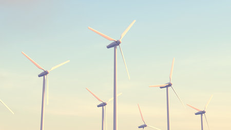 A scene of modern wind turbines gently rotating at sunset in a realistic 3D rendering. Concept of sustainability, clean energy, and environmental awarenessの写真素材