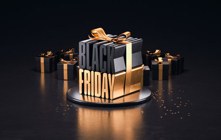 Luxurious Black Friday banner background template with black and gold gifts and the bold text forming a large gift box on a dark background in 3D illustrationの写真素材