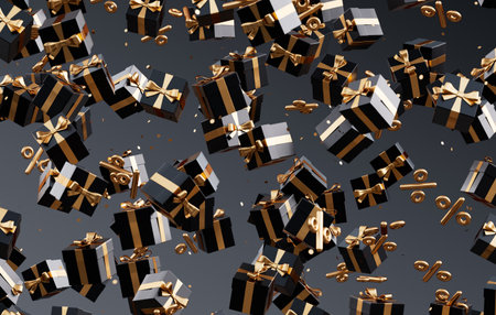 Black Friday ad with black and gold gifts and percentage symbols falling on a dark background in 3D...