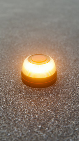 Close up view of a beacon V16 emergency light device flashing on an asphalt surface. Mandatory...