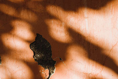 An old wall with orange cracks. Plaster is falling off. Shadows fall on the wall The texture of the plaster.の写真素材