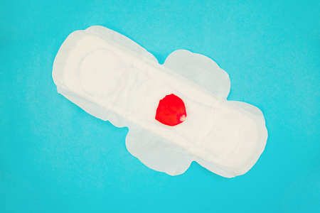 Women's padding with red rose petals on a blue background.Medical photography concept.Gynecological menstrual cycle. Women's hygiene during critical days.の写真素材