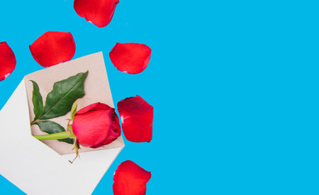 Red rose in a white envelope on a blue background. Gift for March 8 and Valentine's day. A letter...