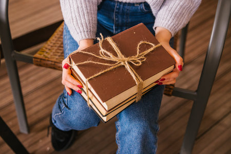 A stack of books lies on the young woman's lap. The girl is wearing a sweater and jeans. Student and schoolboy. Books from the library.Textbooks close-up.の写真素材