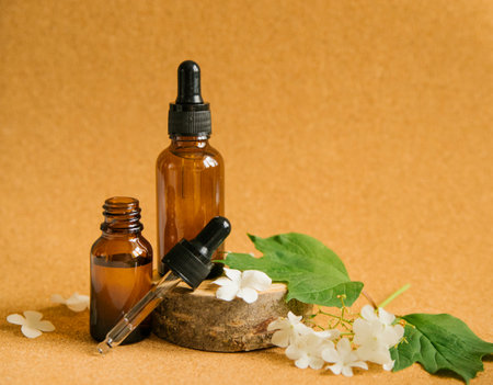 Two glass bottles of cosmetic oil stand on a piece of wood. Nearby are green leaves and small white flowers. Skin and hair care.Alternative medicine and aromatherapy.の写真素材