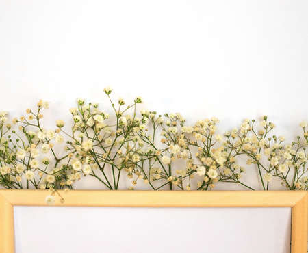 A romantic composition of flowers. White gypsophila flowers, photo frame on a white background....