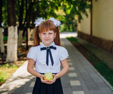 Back to school. A cute little schoolgirl is standing in the park or in the school yard and holding a green apple in her hands. Proper school meals for lunch. A little girl is going to the first grade.の写真素材