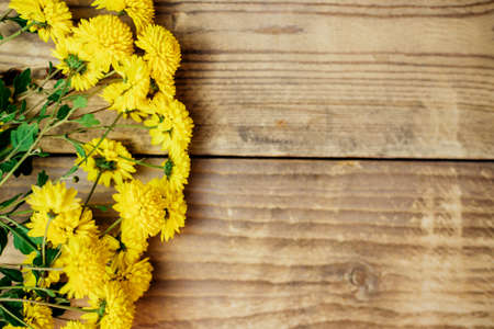 Yellow flowers on an old brown wooden background.Autumn little chrysanthemums. Empty space for the text.の写真素材