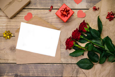 Top view, an envelope with an invitation or a postcard. A blank sheet in an envelope, an empty space...