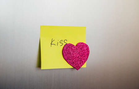 Declarations of love written on colored stickers pasted on the refrigerator at home. Valentine's Day.の写真素材