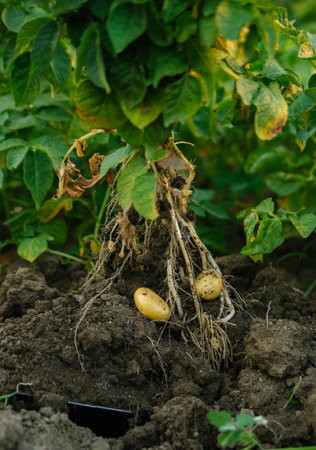 Tubers of new potatoes.Harvesting. A man digs potatoes with a shovel. Rows of vegetable beds planted with potatoes in a rural garden.の写真素材