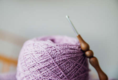 Women's hobby is knitting. Yarn of warm purple tones. A ball of thread and a hook.の写真素材