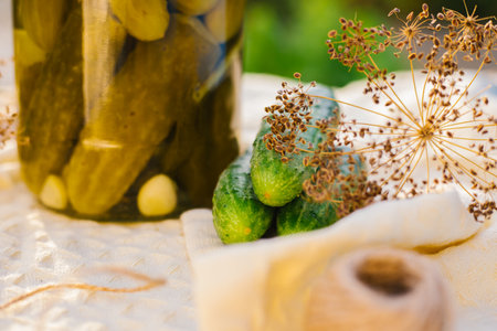 Salted, pickled cucumbers in a jar on a wooden table in the garden. Cucumbers, herbs, dill, garlic.Preservation, conservation. background, copy space. Sunny bright day.の写真素材