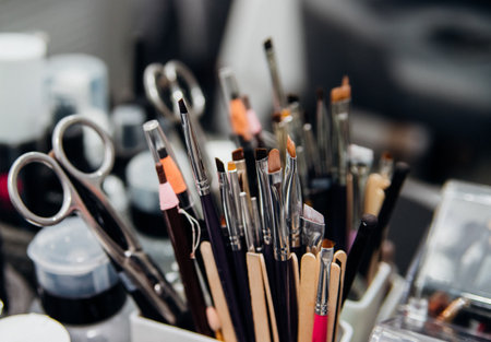 Cosmetics, brushes, pencils, scissors and other tools for the face. Makeup, skin care concept. The cosmetologist's workspace.の写真素材