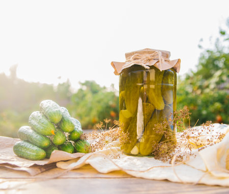 Salted, pickled cucumbers in a jar on a wooden table in the garden. Cucumbers, herbs, dill, garlic.Preservation, conservation. Background, copy space. Sunny bright day.の写真素材