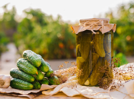 Salted, pickled cucumbers in a jar on a wooden table in the garden. Cucumbers, herbs, dill, garlic.Preservation, conservation. Background, copy space. Sunny bright day.の写真素材