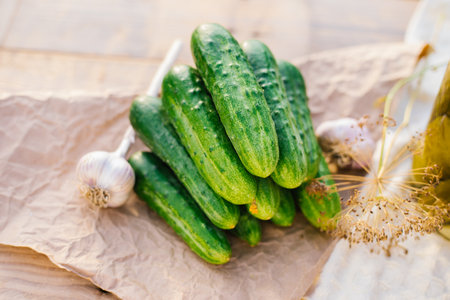 Cucumbers, herbs, dill, garlic on a wooden table in the garden or vegetable garden. Harvesting. Conservation, canning. Background, copy space. Sunny bright day.の写真素材