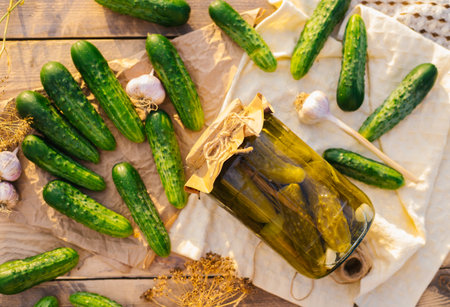 Salted, pickled cucumbers in a jar on a wooden table in the garden. Cucumbers, herbs, dill, garlic. Preservation, conservation. Background, copy space.Top view.の写真素材