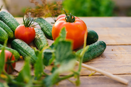 Fresh vegetables on a wooden background. Cucumbers, tomatoes, garlic, dill. Contoured sunlight. Organic farm. Organic vegetables. Summer harvest.の写真素材